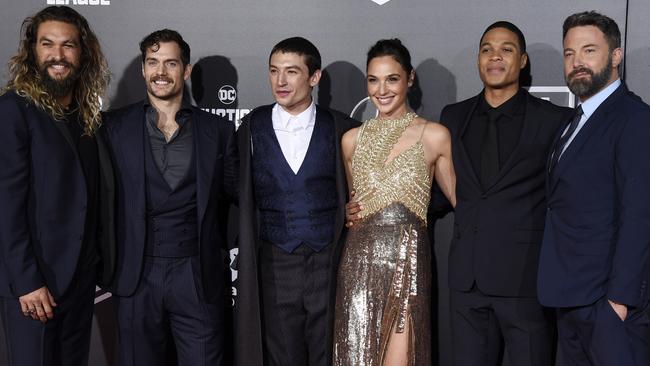 Jason Momoa, Henry Cavill, Ezra Miller, Gal Gadot, Ray Fisher and Ben Affleck at the premiere of Justice League. Picture: Chris Pizzello / Invision / AP.
