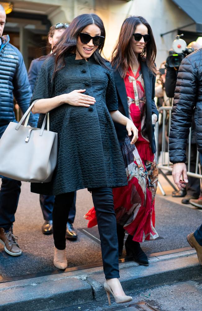 Meghan, Duchess of Sussex and Abigail Spencer are seen leaving The Mark Hotel in NYC. Picture: Gotham/GC Images