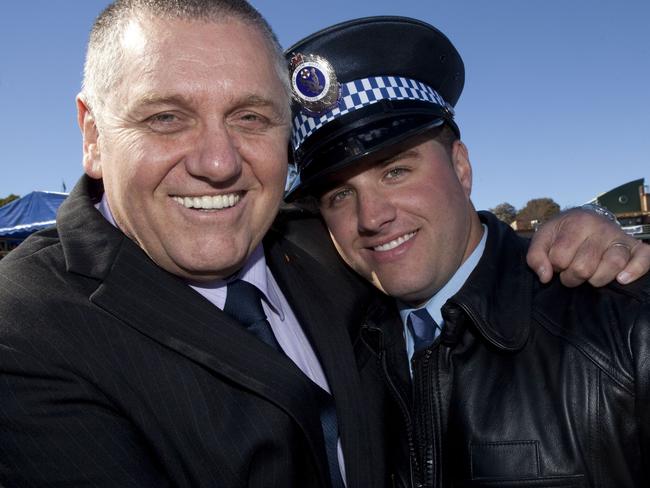 Ray Hadley with his cop son Daniel, who was charged with cocaine possession last week. Picture: Andrew Taylor