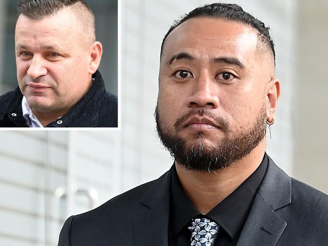 Benson Leipau Pauga (right) apologises to Oztag refereeÂ Jason Fernie (left) in Brisbane Court on July 25 after punching him during a game. Picture: John Gass