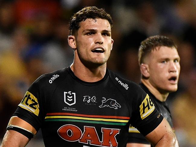 MACKAY, AUSTRALIA - SEPTEMBER 18: Nathan Cleary of the Panthers looks on during the NRL Semifinal match between the Penrith Panthers and the Parramatta Eels at BB Print Stadium on September 18, 2021 in Mackay, Australia. (Photo by Matt Roberts/Getty Images)