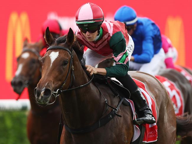 SYDNEY, AUSTRALIA - MARCH 22: Zac Lloyd riding Kimochi wins Race 1 The CHC Powering The Chase Handicap during Sydney Racing at Royal Randwick Racecourse on March 22, 2023 in Sydney, Australia. (Photo by Mark Metcalfe/Getty Images)