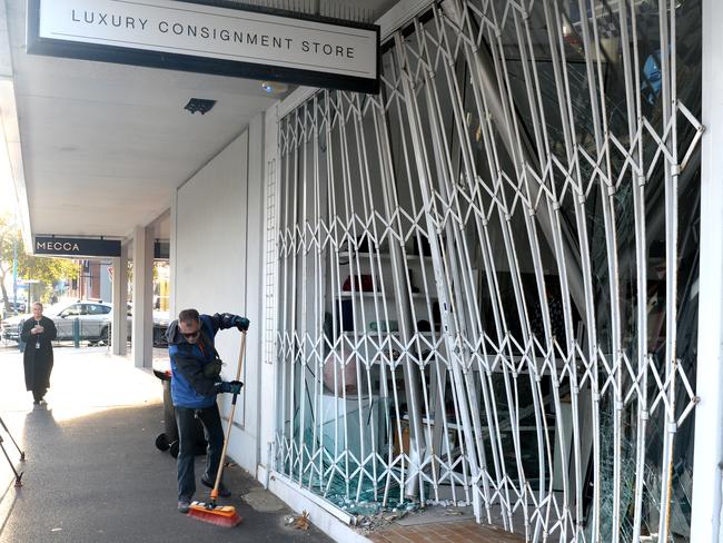 The damaged Luxury Consignment Store on Carpenter Street Brighton after it was ram raided early Monday morning. Picture: Andrew Henshaw
