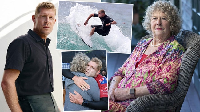 Mick Fanning, left and his mum and manager, Liz Osborne. Pictures: Gretl Watson-Blazewicz / Steve Pohlner / Ian Currie / Russell Shakespeare