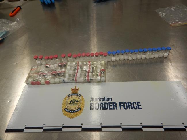 Australian Border Force (ABF) investigators have arrested and charged a 23-year-old male and a 23-year-old female from the NSW Central Coast with importing performance and image enhancing drugs (PIEDs). Photo of some of the drugs seized. Picture: Supplied by ABF