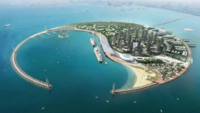 An artist’s impression of the artificial island that has been proposed as a new cruise ship terminal at Botany Bay. Picture: Global Innovation Corporation