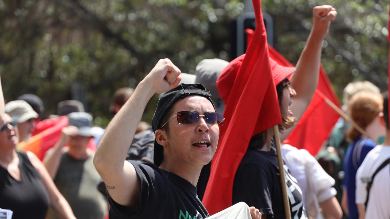 People were chanting outside the service. Picture: NCA NewsWire / Nicholas Eagar