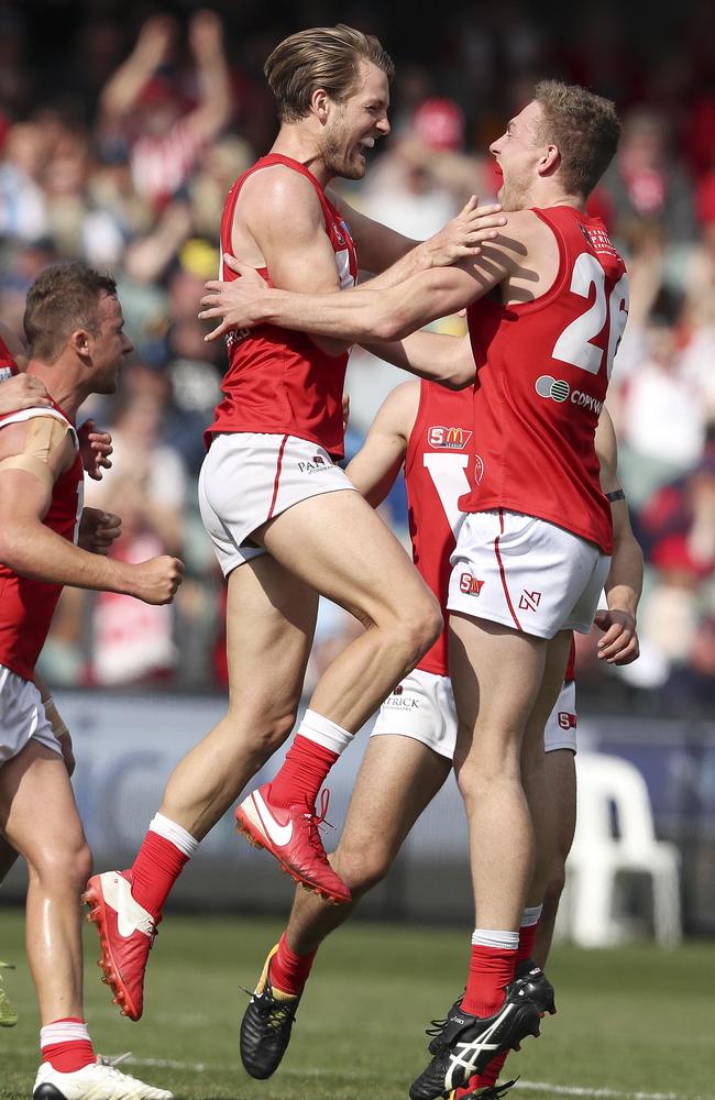 North Adelaide’s Lewis Hender celebrates a goal with Callum Wilkie during the first semi-final against Sturt. Picture: Sarah Reed