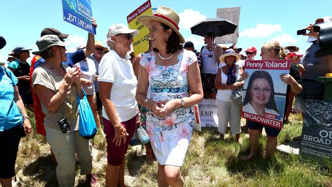 Annastacia Palaszczuk attends a protest over the possible cruise ship terminal on Wavebreak Island before the state election. Picture: David Clark