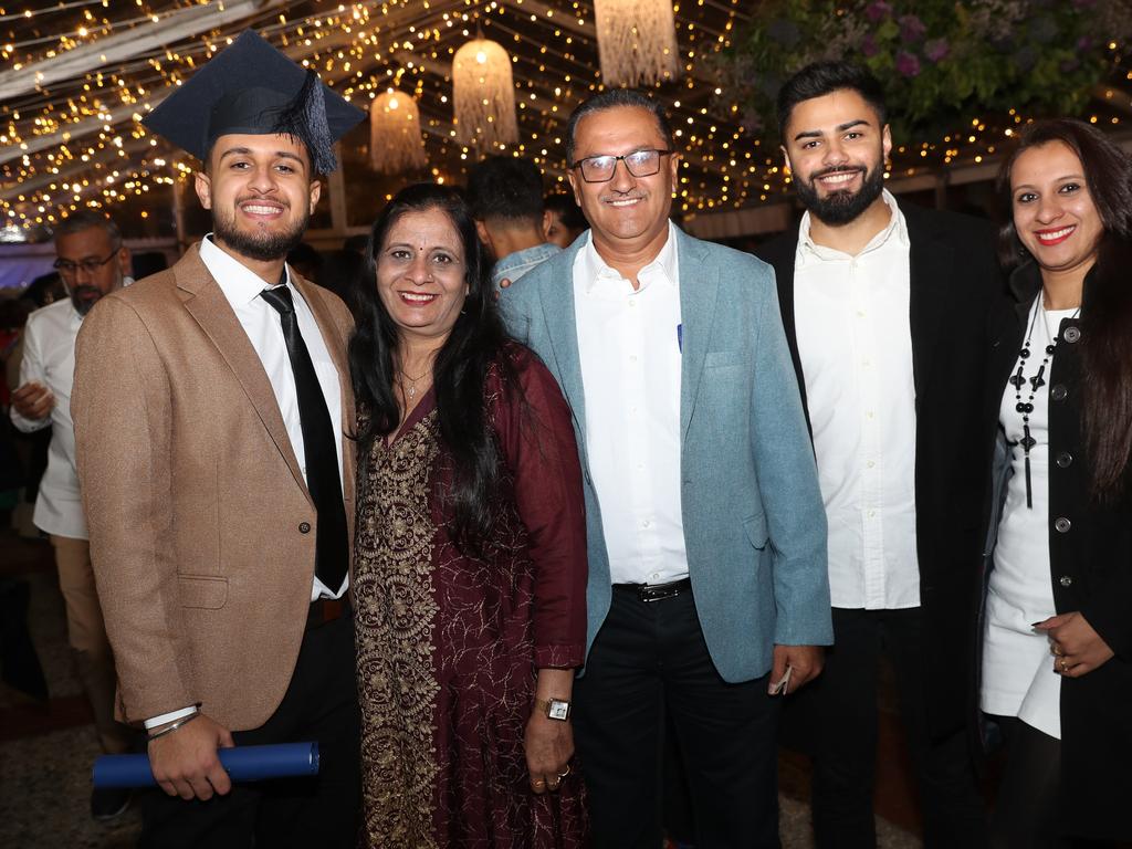 Harshil Padharia, Jyoti Padharia, Jagdish Padharia, Dhyey Rathod and Parita Padharia. Deakin University graduation arts and SEBE faculty. Picture: Alan Barber