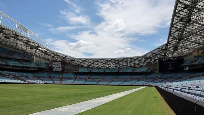 All the grass at Accor Stadium, pictured on Wednesday 14, will be covered by next week, before Swift’s first Eras Tour concert on February 23. Picture: Tim Hunter