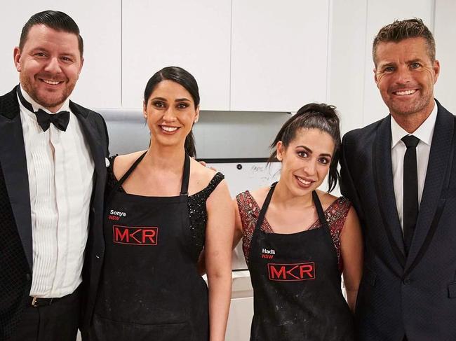 MKR contestants Sonya & Hadil with Manu Feildel and Pete Evans. Picture: Instagram @sonyahadilau