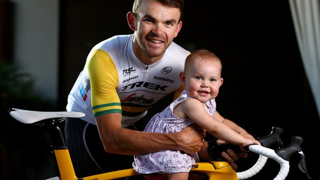 Family man ... Jack Bobridge with daughter Amellie. He has just announced his retirement from cycling. Picture: Sarah Reed.