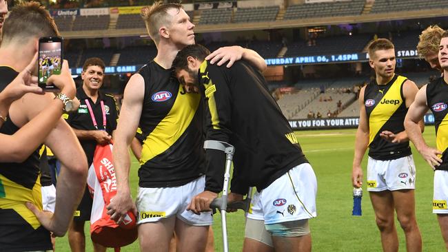 Alex Rance didn’t play for the Tigers after injuring his knee. Picture: AAP Images