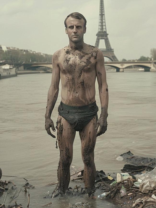 An AI generated image of French President Emmanuel Macron, swimming in the The Seine River, with the JeChieDansLaSeine hashtag. Picture: X