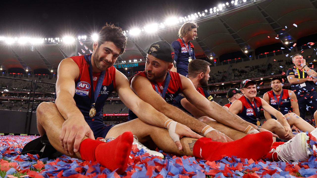 Petracca gives the camera a sneaky look after the Demons’ incredible win. Picture: AFL Photos/Getty Images