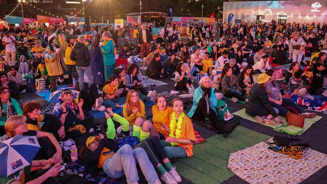 ans at the Sydney FIFA Fan Festival gather to watch the Matildas FIFA World Cup Semi Final match against England. Picture: Jenny Evans / Getty Images)