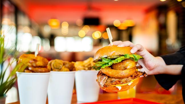 Burgers and onion rings go together at Miss Kay's Birkdale. Picture: Miss Kay's Birkdale.