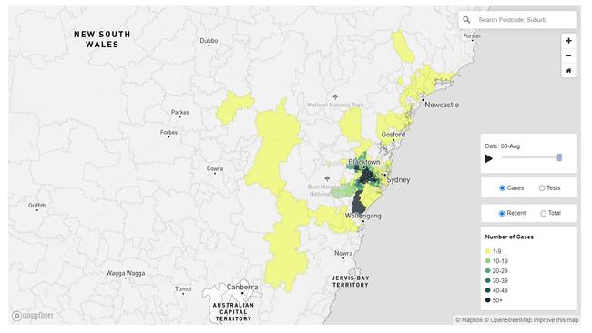 Map showing the extent of the virus spread in NSW. Picture: NSW Health