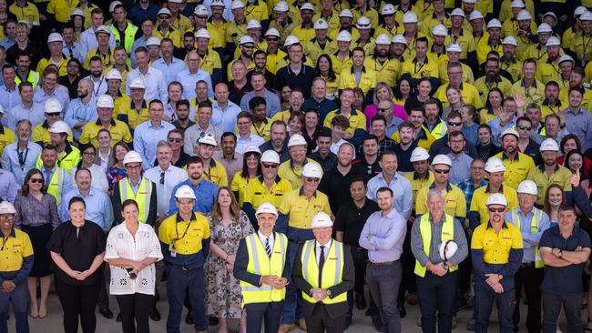 Premier Peter Malinauskas with BAE Systems Australia managing director maritime Craig Lockhart and staff at the Osborne shipyard on November 6, 2023. Picture: Naomi Jellicoe