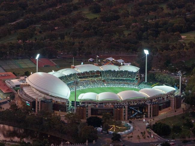 Aerial view of Adelaide Oval at Sunset from a Helicopter - TEST CRICKET 2016 - Australia v South Africa in the Third Test at Adelaide Oval. Picture Matt Turner