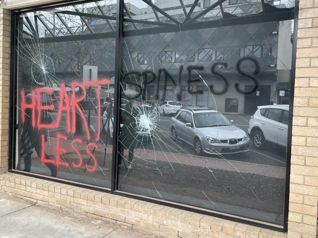 Smashed windows and graffiti on Jacinta Allan’s office. Picture: Gianni Francis