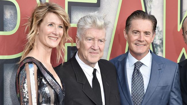 Actors Laura Dern and Kyle MacLachlan with Lynch in 2017. Picture: David Crotty/Patrick McMullan via Getty Images