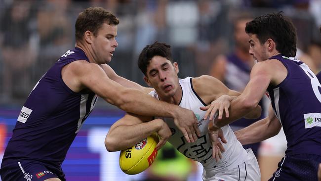 Adam Cerra copped boos from Dockers fans but won plenty of the footy. Picture: Paul Kane/Getty Images