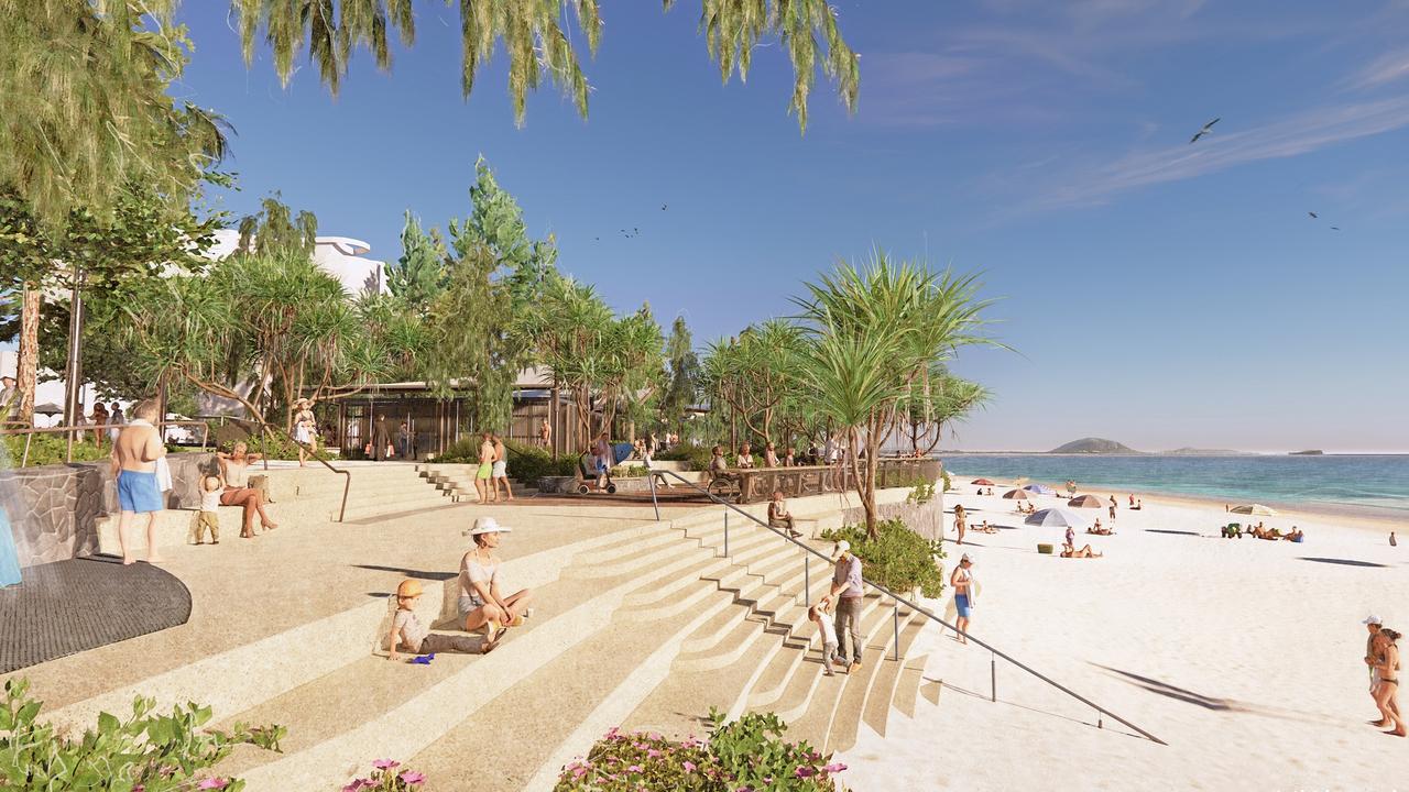 An artist's impression of the terraced seawall planned to provide easier access to Mooloolaba beach with additional places to sit under shade trees.