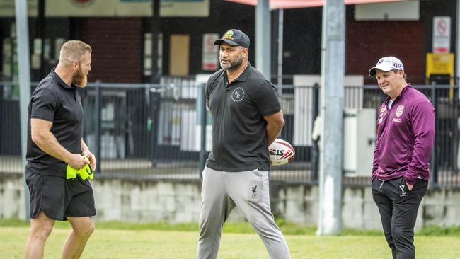 Michael Crocker, Lote Tuqiri and Queensland State of Origin Coach Kevin Walters at the Michael Crocker Academy. Picture: Richard Walker