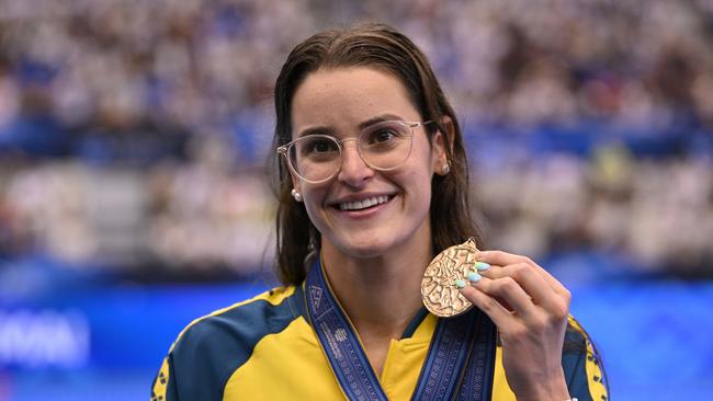 FUKUOKA, JAPAN - JULY 27: Gold medallist Kaylee McKeown of Team Australia poses during the medal ceremony for the Women's 50m Backstroke Final on day five of the Fukuoka 2023 World Aquatics Championships at Marine Messe Fukuoka Hall A on July 27, 2023 in Fukuoka, Japan. (Photo by Quinn Rooney/Getty Images)