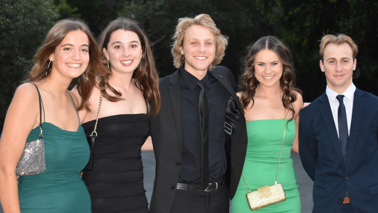 Jolie May, Milla Uechtritz, Logan Connors, Olivia Hoger and Tristan Grant at the Year 11 Good Shepherd formal, 2022.