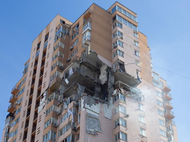 A view to a Kyiv apartment block which was hit with a missile in Ukraine overnight. Picture: Getty Images