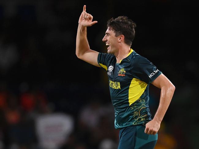 Pat Cummins snared his second hat-trick in two matches. Picture: Gareth Copley/Getty Images