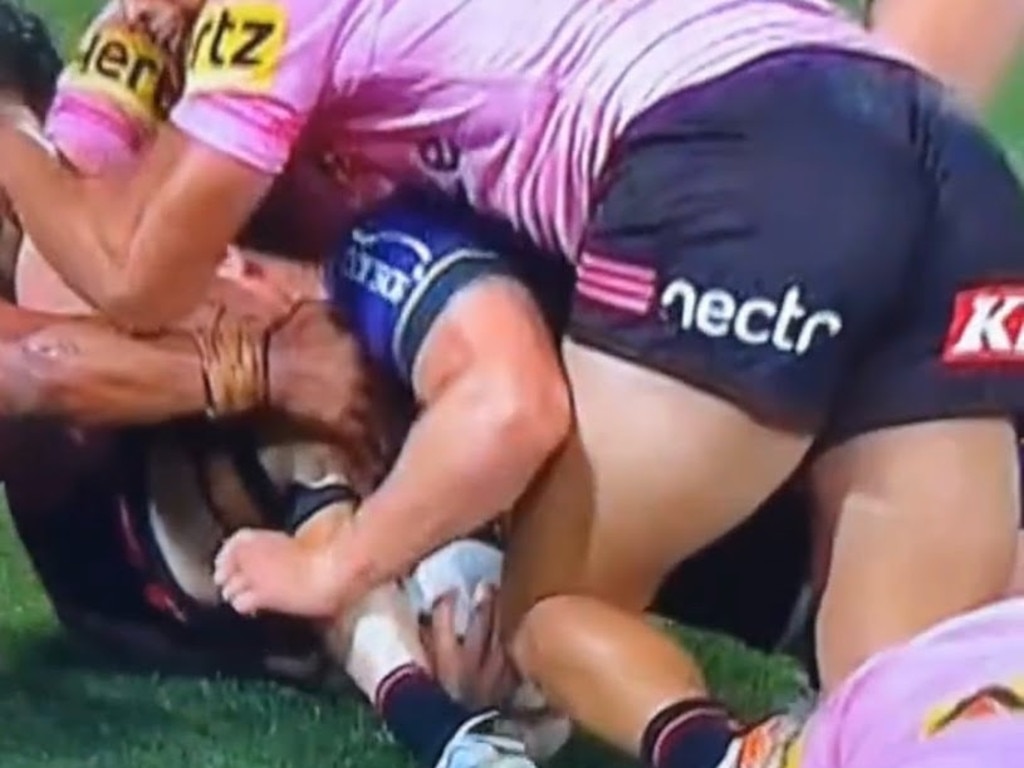 Storm's Jack Howarth was denied a try in the NRL Grand Final. Picture: Channel 9