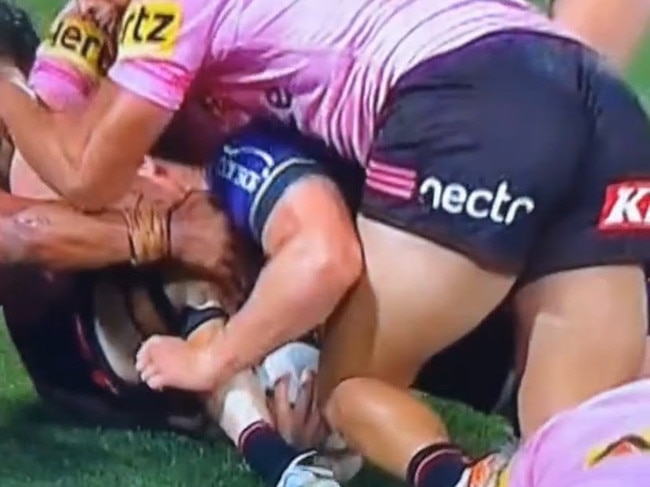 Storm's Jack Howarth was denied a try in the NRL Grand Final. Picture: Channel 9