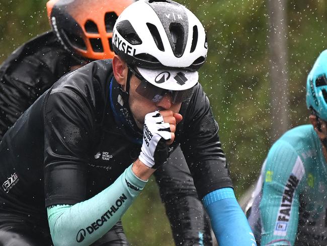 SANTA CRISTINA VALGARDENA - MONTE PANA, ITALY - MAY 21: Ben O'Connor of Australia and Decathlon AG2R La Mondiale Team (C) competes in heavy rain during the 107th Giro d'Italia 2024, Stage 16 a 118.7km stage from Lasa - Laas to Santa Cristina Valgardena - Monte Pana 1625m / Route and stage modified due to adverse weather conditions / #UCIWT / on May 21, 2024 in Santa Cristina Valgardena - Monte Pana, Italy. (Photo by Tim de Waele/Getty Images)