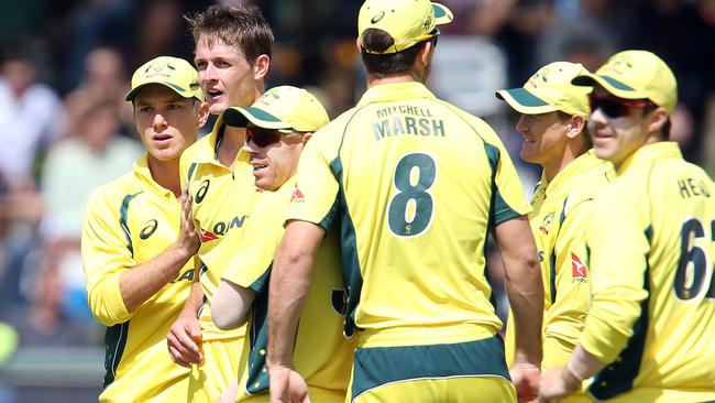 Australia celebrates a South African wicket.