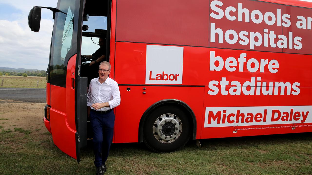 The Labor Party campaign bus is emblazoned with Michael Daley’s single and simple pitch. Picture: Nathan Edwards