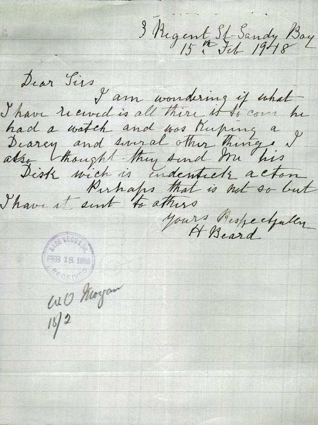 The letter from Private Norman Beard’s mother, seeking his personal effects. Picture: AUSTRALIAN WAR MEMORIAL