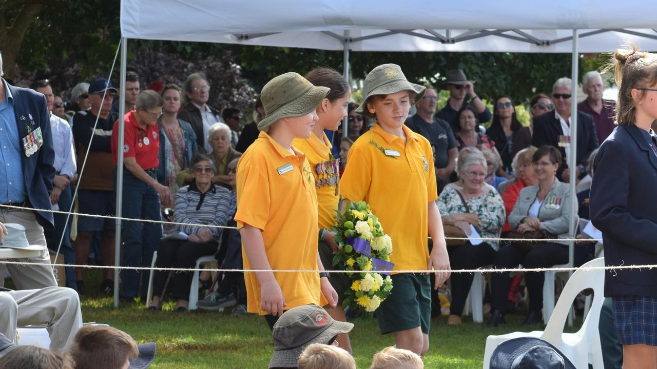 Wollongbar Public School students lay a wreath during the ANZAC DAY Ceremony in Elizabeth Ann Brown Park Picture: Nicholas Rupolo.