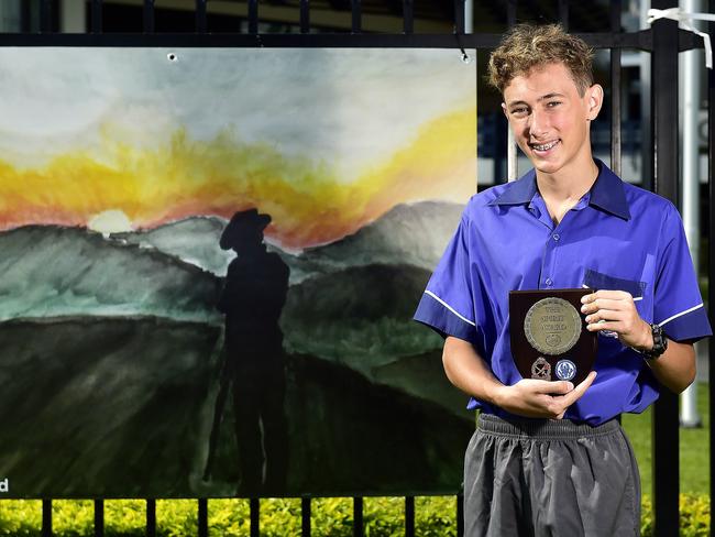 Iggy Park year 8 student Ben Hatchard was presented with the Spirit of Anzac Day Award for his interpretation of ANZAC DAY painting a watercolour painting. It was part of a very low key wreath laying ceremony. PICTURE: MATT TAYLOR.