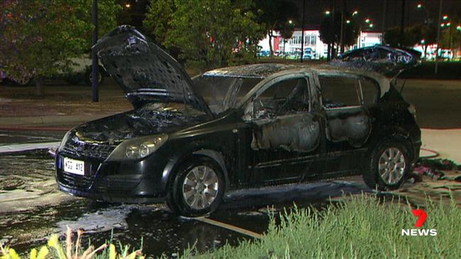 A Holden Astra hatchback was set alight on a North East Road reserve at Klemzig around 4.15am. Picture: 7NEWS Adelaide