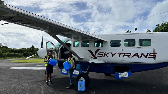 Skytrans pilots conducted a test landing and takeoff at Darnley Island (Erub) on Tuesday, June 13, with water jugs to replicate full payload weight. Picture: Supplied