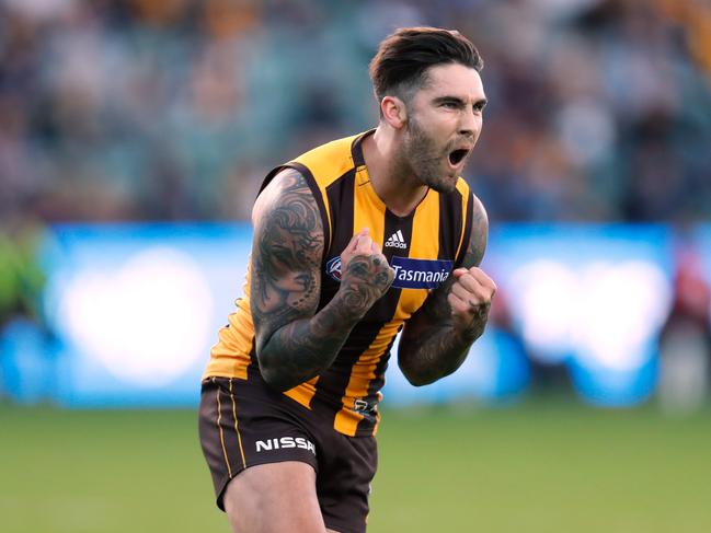 LAUNCESTON, AUSTRALIA - APRIL 28: Chad Wingard of the Hawks celebrates a goal during the 2019 AFL round 06 match between the Hawthorn Hawks and the Carlton Blues at UTAS Stadium on April 28, 2019 in Launceston, Australia. (Photo by Michael Willson/AFL Photos)