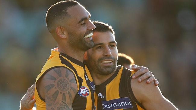 Shaun Burgoyne and Paul Puopolo in better days for the Hawks. Picture: AFL Media/Getty Images