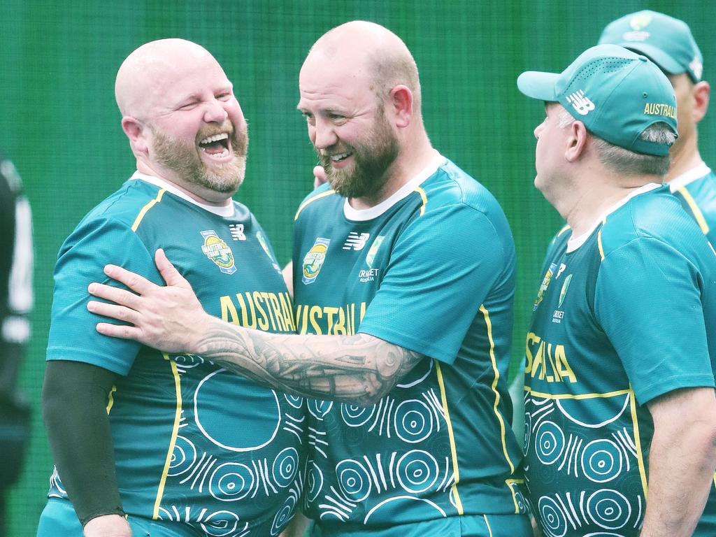 The Trans Tasman trophy for indoor cricket is being played on the Gold Coast at Ashmore. Australia v New Zealand Mens 40s . Barry Richards and Stuart French share a laugh after taking another NZ wicket. Picture Glenn Hampson