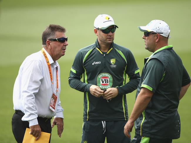 Then-Australia coach Darren Lehmann (R) speaks with chairman of selectors Rod Marsh and captain Michael Clarke. Picture: Getty