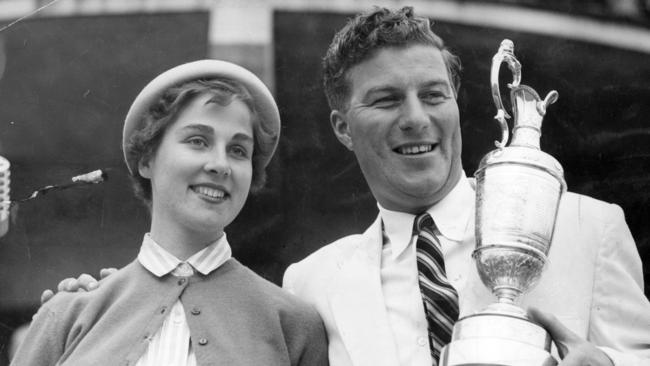 Peter Thomson and wife Lois with the British Open trophy in 1954.