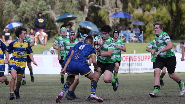 Action galleries of the junior rugby union grand finals, match played at Surfers Paradise Home Ground. Gold Coast Eagles Vs Currumbin Alligators under 16s division. Currumbin player 12 callum Simpson. Picture Mike Batterham